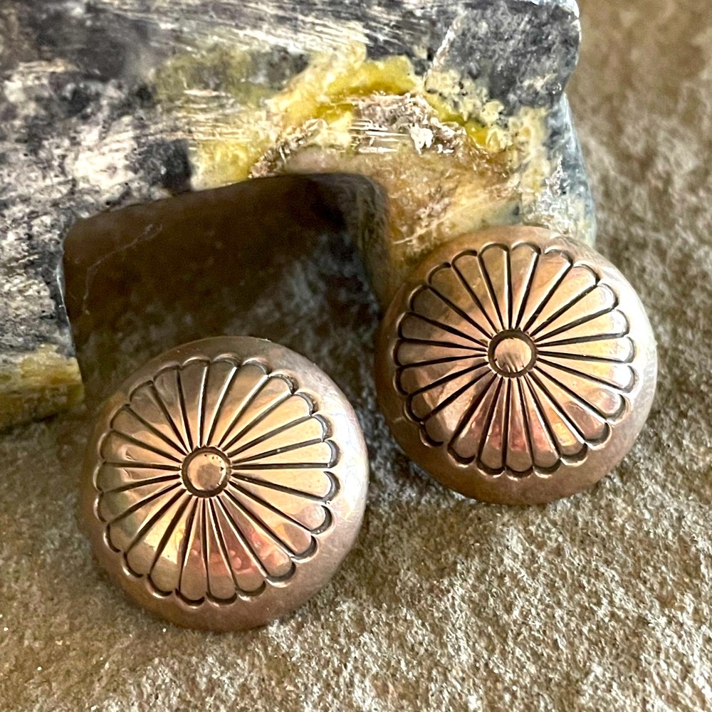 Vintage Native American Sterling Flower Concho Earrings - Picture 2 of 11